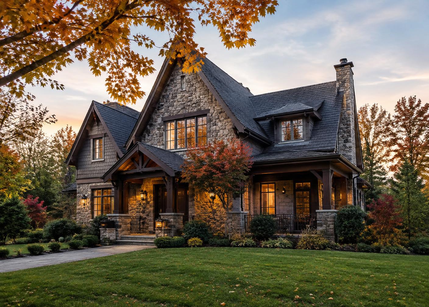 Stone craftsman home with dark shingle roof